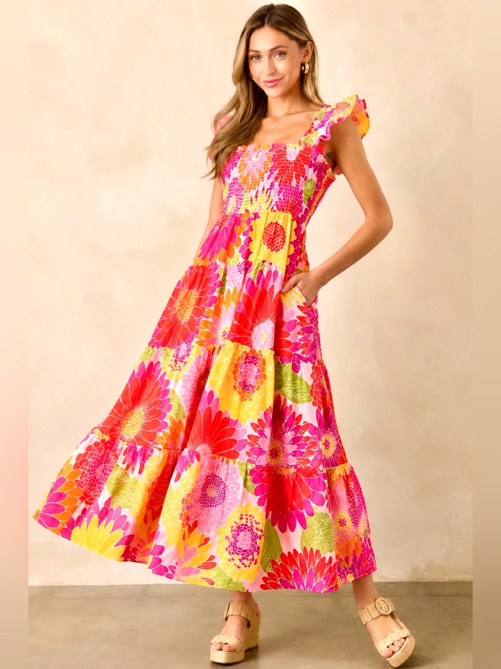 NWOT J. MARIE Retro Floral Stretch Sleeveless Midi Dress